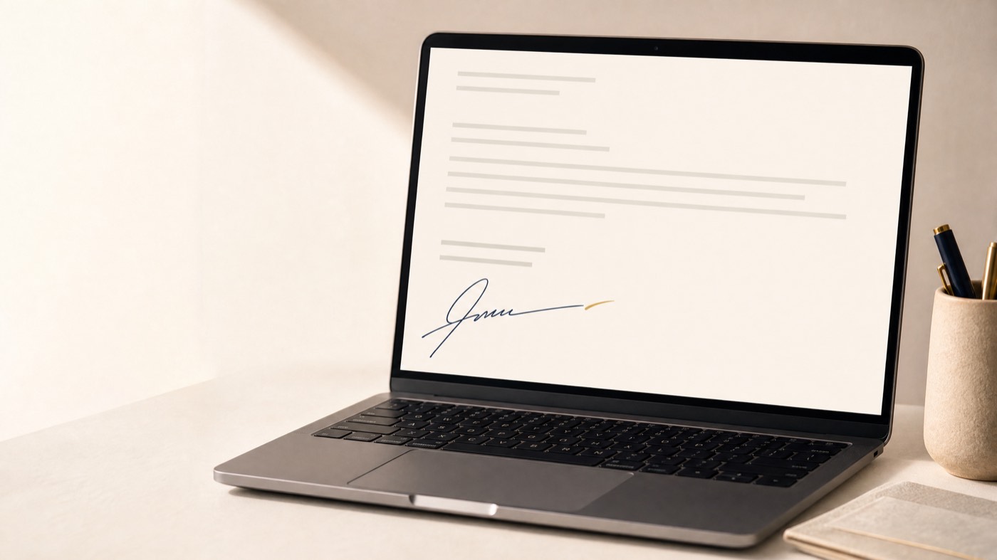 A laptop on a pale desk showing a document signed off with a signature.