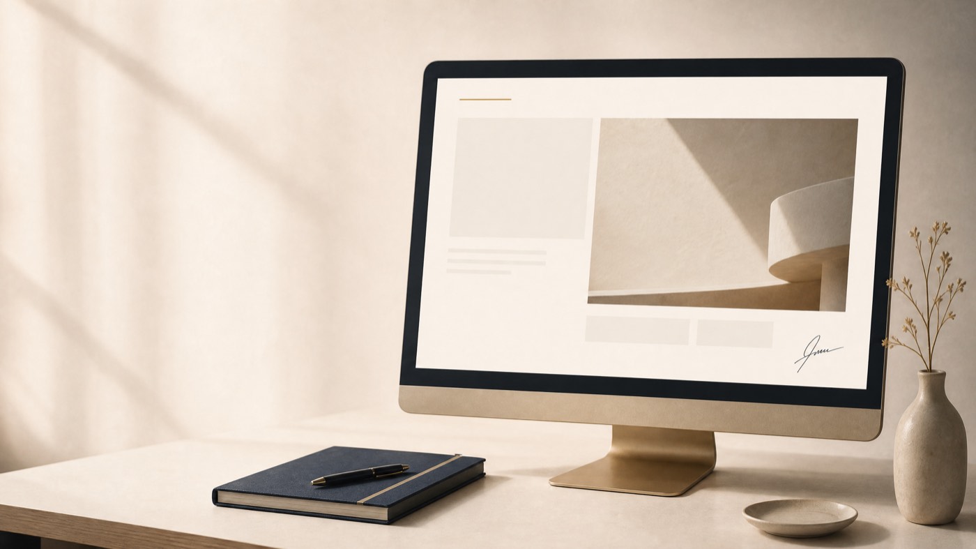 A monitor showing a portfolio page with a small signature in the lower corner.