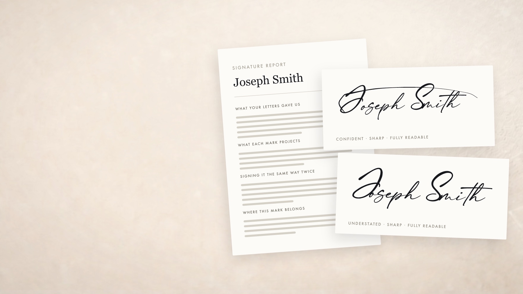 The Signature Kit laid out on paper: a printed signature report for Joseph Smith beside two cards, each showing a different signature drawn for that name.