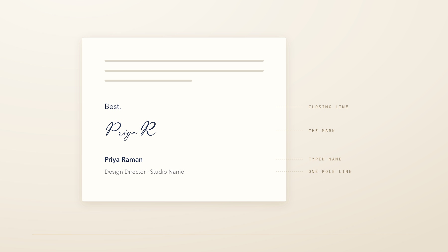 An email sign-off: Best, then the signature Priya R, the typed name Priya Raman and one role line, each labeled.