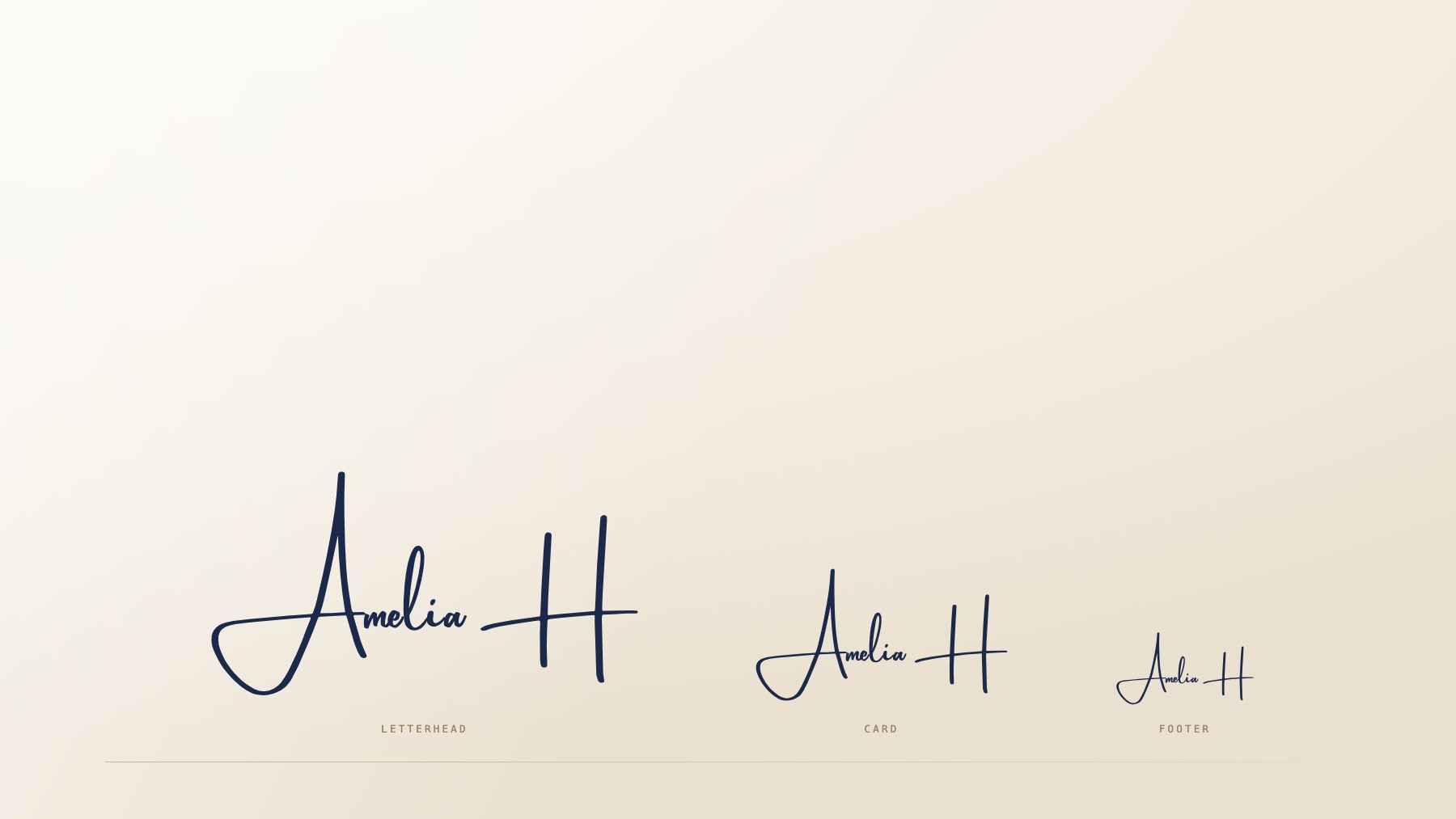 The same signature at three sizes, labeled letterhead, card and footer.